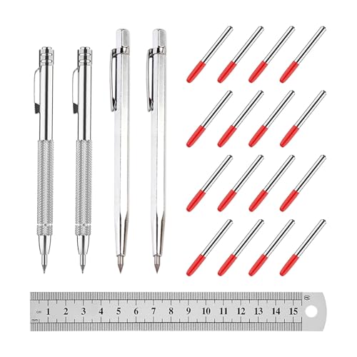 Pilikoll 4 Stück Wolframcarbid Stift mit 16 Ersatz Red Hat Markierspitzen,Stahllineal Anreißnadel Hartmetall mit Magnet Anreißnadel Hartmetall Reißnadel Diamant für Glas, Jade, Kacheln, Spiegel von Pilikoll