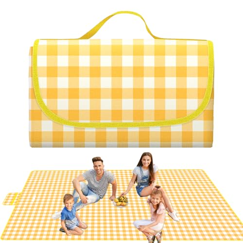 Pilikoll Gelb Picknickdecke 200 X 300cm Campingdecke mit Wasserdichter Unterseite Picnic Blanket Tragbar Campingdecke mit Tragegriff Stranddecke Sandfrei für Trocken Strand, BBQ, Picknick, Wandern von Pilikoll