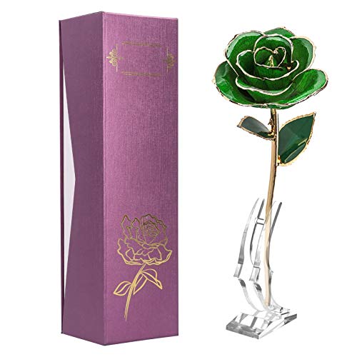 24 Karat Grüne Rose Für Sie, 24 Karat Vergoldete Echte Rose Mit Langem Stiel Mit Ständer Und Liebe, Echte Vergoldete Rosenblume, Künstliche Blume Mit Blatt Und Basis, Handwerkliche Dekorationen Für Ja von Pilipane