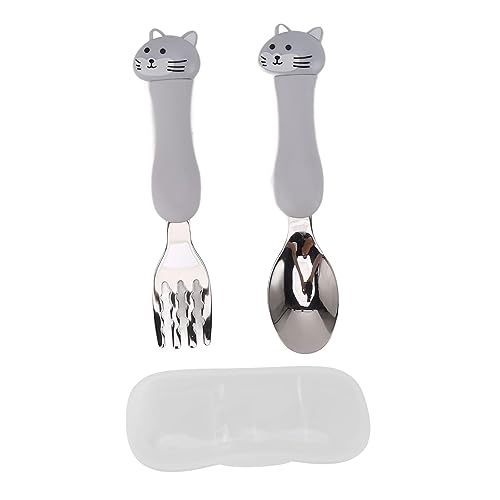 Baby Fork Löffel Set niedliche carikaturförmige ergonomische Griff Edelstahl Tabelle für Kinder Fütterungstraining Utensilien PP Griff langlebig sicher (Katze) von Pilipane