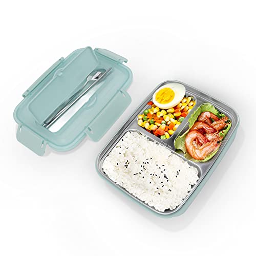 Bento Box,Essdosen 3 Fächer 304 Edelstahl Kunststoff Passende Löffel Essstäbchen Tragbare Lunchbehälter für das Büro(Blau),Erwachsene Brotdose Meal Prep Boxen Lunchbox mit Fächern Ddelstahl Besteck von Pilipane