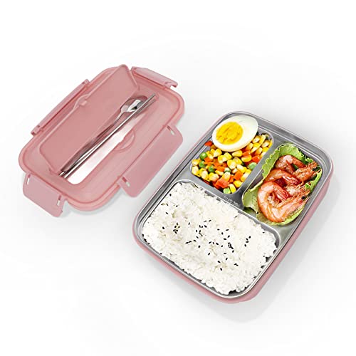 Lunchbox,Essdosen 3 Fächer 304 Edelstahl Kunststoff Passende Löffel Essstäbchen Tragbare Lunchbehälter für das Büro(Rosa), Premium Edelstahl Brotdose I 1200ml I für Kinder iContenants à lunch is von Pilipane