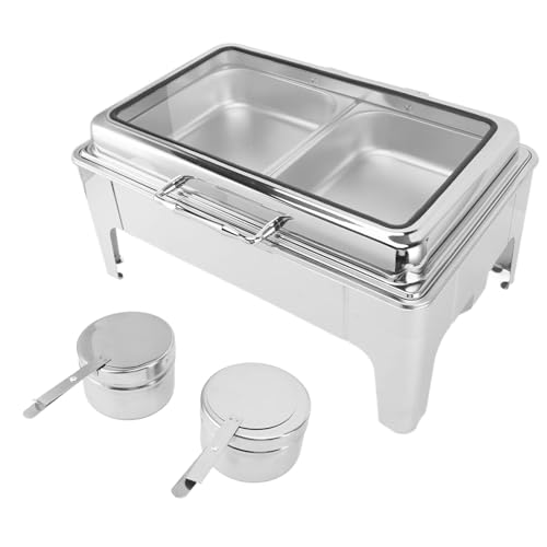 Scheuchendeschale Buffet Set 9L Edelstahl Rechteck Alkohol erhitzte Catering -Lebensmittelwärmer mit Lebensmittelpfanne und sichtbarer Deckel für Veranstaltungsfeiern (2 Fächer) von Pilipane
