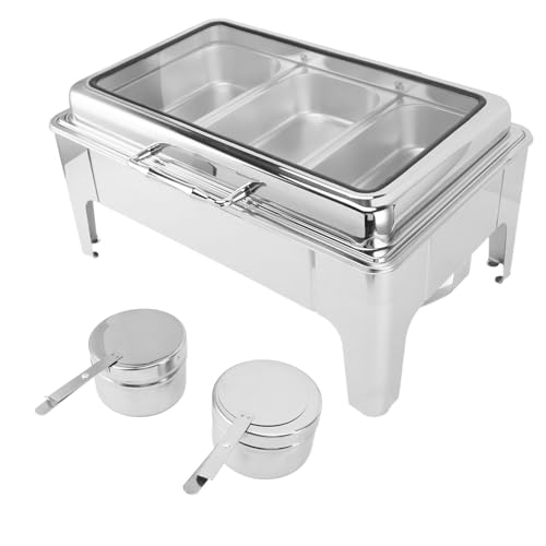 Scheuchendeschale Buffet Set 9L Edelstahl Rechteck Alkohol erhitzte Catering -Lebensmittelwärmer mit Lebensmittelpfanne und sichtbarer Deckel für Veranstaltungsfeiern (3 Fächer) von Pilipane