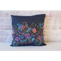 20x20 Baumwollkissen, Besticktes Jeanskissen, Suzani Kissen, Ethno Floral Blauer Denim Kissenbezug/P-3096-3097 von Pillow2Go