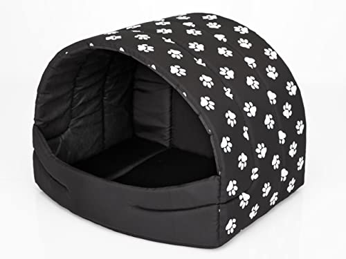 Hundehütte Hundehöhle Hundebett Hundehaus Katzenhöhle Schlafplatz XL - 60x49 cm Schwarz mit Pfoten von PillowPrim