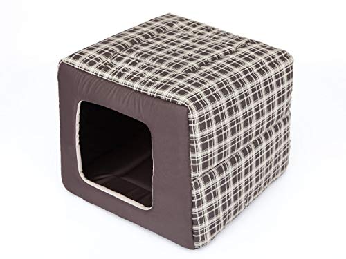 PillowPrim Hundehütte Hundebett 2in1 Hundehöhle Hundebett Hundehaus Tierbett braun kariert Größe M 43x43 cm von PillowPrim