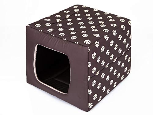 Hundehütte Hundebett 2in1 Hundehöhle Hundebett Hundehaus Tierbett braun mit Pfoten Größe L 48x48 cm von PillowPrim