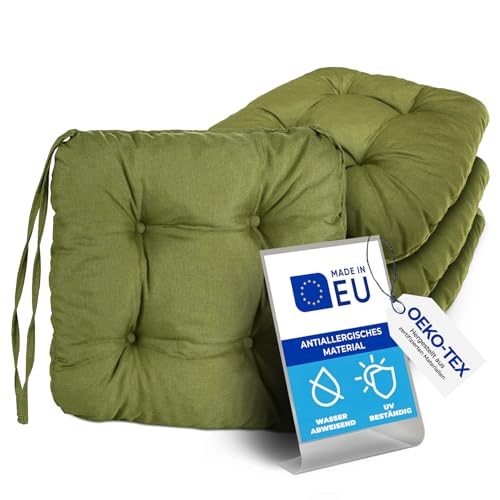 Pillows24 – 4X Sitzkissen Outdoor 40x40 – Extra Dicke 8cm – Wasser- & UV-beständig + Bändern | Bequeme Stuhlkissen, Stuhlauflage Sitzpolster, Sitzauflage Gartenstuhl | Sitzkissen Stuhl (grün) von Pillows24