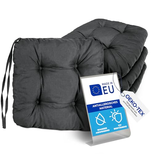 Pillows24 – 6X Sitzkissen Outdoor 40x40 – Extra Dicke 8cm – Wasser- & UV-beständig + Bändern | Bequeme Stuhlkissen, Stuhlauflage Sitzpolster, Sitzauflage Gartenstuhl | Sitzkissen Stuhl (Graphit) von Pillows24