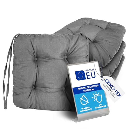 Pillows24 – 6X Sitzkissen Outdoor 40x40 – Extra Dicke 8cm – Wasser- & UV-beständig + Bändern | Bequeme Stuhlkissen, Stuhlauflage Sitzpolster, Sitzauflage Gartenstuhl | Sitzkissen Stuhl (dunkelgrau) von Pillows24