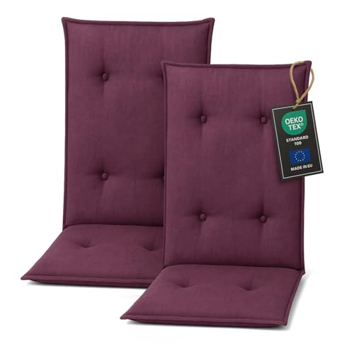 Pillows24 - Hochlehner Auflagen 2er Set - 120x50cm – 8cm Dick - Premium-Material 200gsm, UV- & Wasserabweisend | Gesteppte Sitzauflagen Hochlehner | Gartenstuhlauflagen für Gartenmöbel | Pflaume von Pillows24