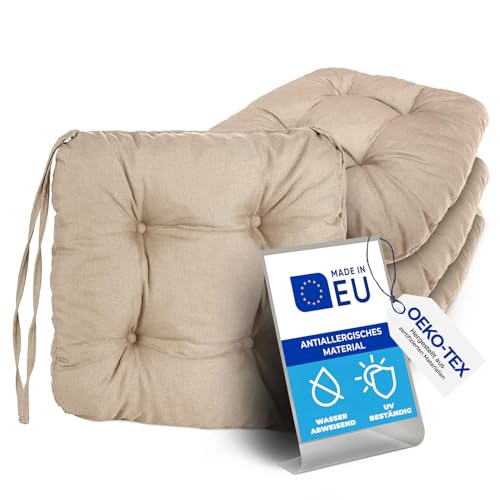 Pillows24 – 4X Sitzkissen Outdoor 40x40 – Extra Dicke 8cm – Wasser- & UV-beständig + Bändern | Bequeme Stuhlkissen, Stuhlauflage Sitzpolster, Sitzauflage Gartenstuhl | Sitzkissen Stuhl (Cappuccino) von Pillows24