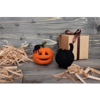 Halloween Nadelgefilzter Kürbis Wollgefilzter Kürbis, Schwarze Katze & Spinne von PillsAgainstBoredom