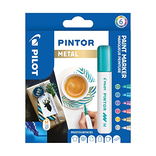PILOT PINTOR Kreativmarker – 6 Stück in M – Metallicfarben – Farbmarker-Stifte für DIY-Projekte, für fast alle Oberflächen, schnell trocknend und gut deckend von Pilot