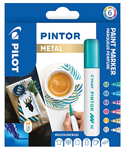 PILOT PINTOR Kreativmarker – 6 Stück in M – Metallicfarben – Farbmarker-Stifte für DIY-Projekte, für fast alle Oberflächen, schnell trocknend und gut deckend von PILOT