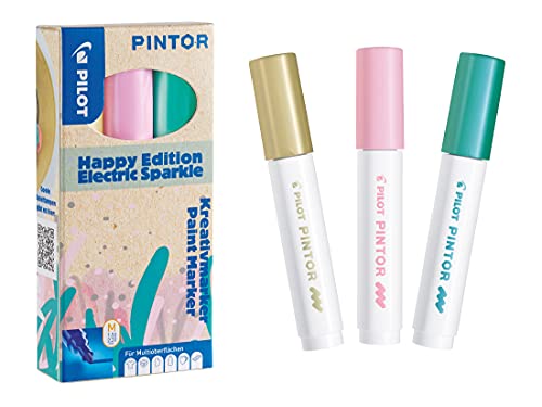 PILOT PINTOR Kreativmarker "Happy Edition" – 3 Stück, M-Strichstärke – Gold/Pastellpink/Metallicgrün – Farbmarker-Stift für DIY-Projekte, für fast alle Oberflächen, schnell trocknend, gut deckend von Pilot