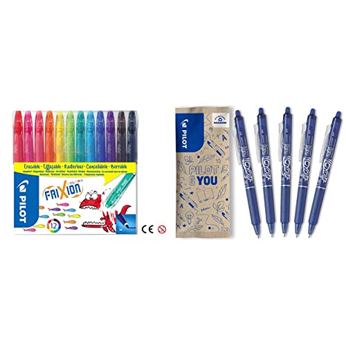 Pilot 12er Set FriXion Colors & FriXion Clicker 0.7 – 5 Stück – Farbe Blau – Radierbarer, nachfüllbarer Gel-Tintenroller mit Druckmechanik und thermosensitiver Tinte, mittlere Spitze von Pilot