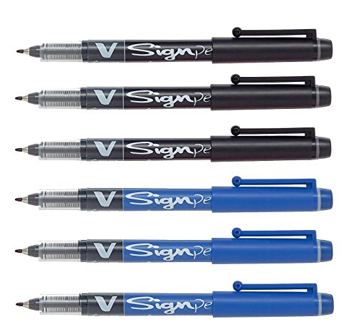 Pilot Pens V Sign Felt Tipped fineliner Liquid Ink Pen, Bold Point, Black & Blue Bundle, 6 Pen von Pilot
