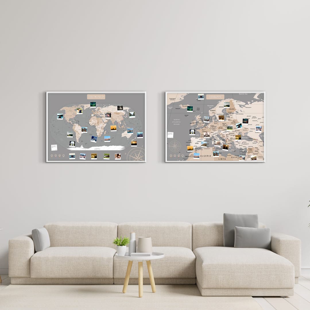 Pinnwand Weltkarte Europakarte Set - Pastell Grau Weiss A1 Aluminiumrahmen - Welt weißer Rahmen, Europa weißer Rahmen von Pimavo