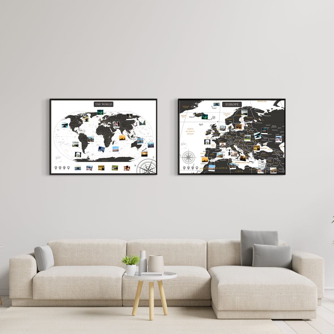 Pinnwand Weltkarte Europakarte Set - Schwarz Weiss A1 Aluminiumrahmen - Welt schwarzer Rahmen, Europa schwarzer Rahmen von Pimavo