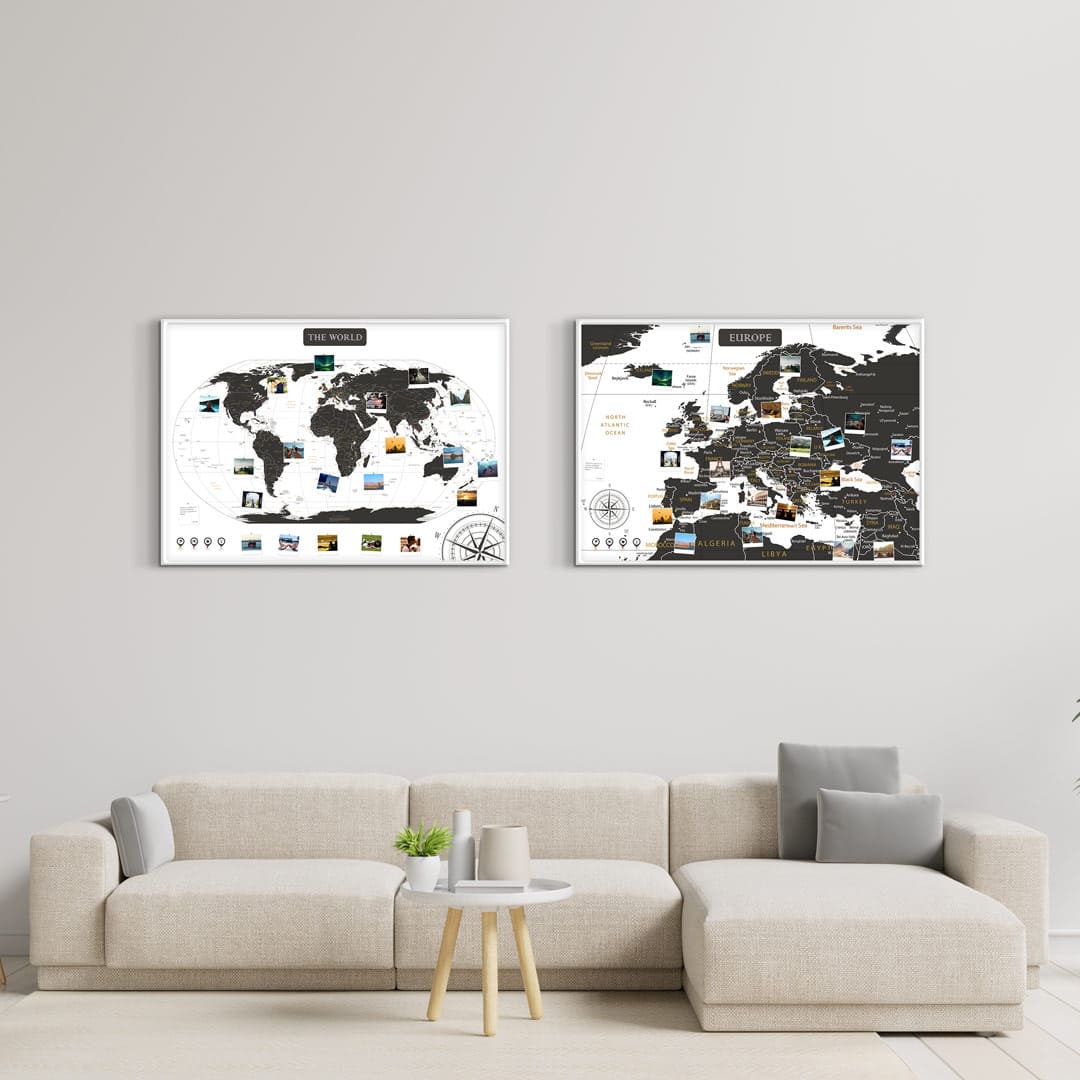 Pinnwand Weltkarte Europakarte Set - Schwarz Weiss A1 Aluminiumrahmen - Welt weißer Rahmen, Europa weißer Rahmen von Pimavo
