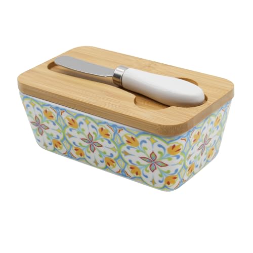 Butterdose mit Holzdeckel und Buttermesser, 350ml Große Kapazität Butterdose Porzellan, Multi-Funktion Butter Dish, Böhmischer Butterschale, Butterbox für Haushalt und Küche, Gute Dichtheit von PinDaito