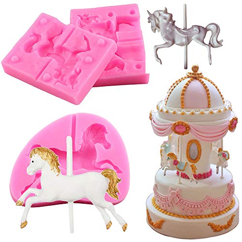 3 Stück Karussell-Pferd Silikonformen für Fondant, 3D-Form für Schokolade, Lutscher, Zuckerpaste, für Jungen, Mädchen, Babyparty, Karussell, Party, Kuchen, Dekoration, Ton, Harz, Form von MoldFun