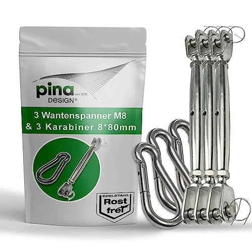 Pina DESIGN seit 1979 - Sonnensegel Befestigungset aus V4A Edelstahl | Set aus M8 Wantenspanner & 80mm Karabiner | Robuste Befestigung für Sonnensegel, Abdeckplane, Drahtseil oder Tarp (3 Paar) von Pina DESIGN seit 1979