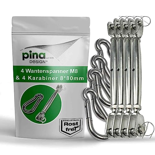 Pina DESIGN seit 1979 - Sonnensegel Befestigungset aus V4A Edelstahl | Set aus M8 Wantenspanner & 80mm Karabiner | Robuste Befestigung für Sonnensegel, Abdeckplane, Drahtseil oder Tarp (4 Paar) von Pina DESIGN seit 1979