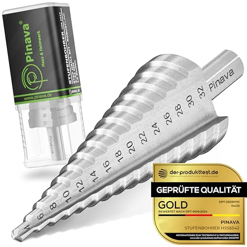 Pinava® Stufenbohrer [ROBUST Line] für Metall, Edelstahl, Kunststoff & Holz [Ø 4-32 MM] - Profi HSS Kegelbohrer - Schälbohrer 10mm Schaft - Blechbohrer Step Drill Bit von Pinava