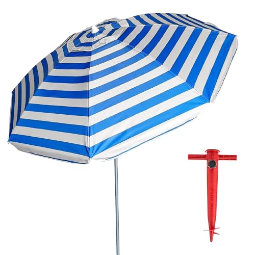 Pincho Sonnenschirm für Strand, 200 cm, Aluminium, UPF+50, blockiert 99% UV-Strahlen, 8 Fiberglasstangen, sehr leicht 1,5 kg, Fenster oben (blau-weiße Streifen) von Pincho