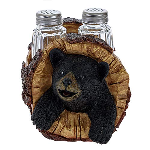 Black Bear Salz- und Pfefferstreuer – Blackbear in einem Holzstamm Gewürze Set Tischdekoration aus Glas rustikale Wildnis Heimdekoration von Pine Ridge