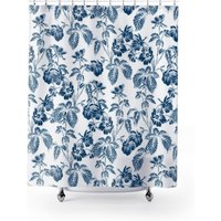 Blauer Duschvorhang, Floraler Blaues Badezimmer, Blau-Weißes Dekor, Weißer Vintage Floral, Badezimmer von PinePrintCo