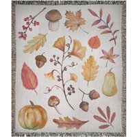 Herbst Decke, Gewebte Kürbis Pilz Dekor, Blätter, Bettwäsche von PinePrintCo