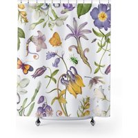 Lila Duschvorhang, Gelber Duschvorhang Pflanze, Schmetterling Dekor, Blumen Badezimmer, Natur Badezimmer von PinePrintCo