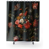 Schwarzer Duschvorhang, Schwarzes Badezimmer, Blumenbadezimmer, Vintage Blumenduschvorhang, Kunst Badezimmervorhang von PinePrintCo