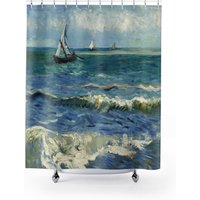 Segelboot-Dekor, Van Gogh Duschvorhang, Ozean-Duschvorhang, Segelboot-Badezimmer, Ozean-Badezimmer, Malerei, Blauer Duschvorhang von PinePrintCo