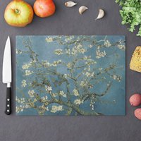 Van Gogh Schneidebrett, Blumen Küche, Gough Kunst, Mandelblüten, Weiße Blumen, Kunst Natur Blau Schneidebrett von PinePrintCo