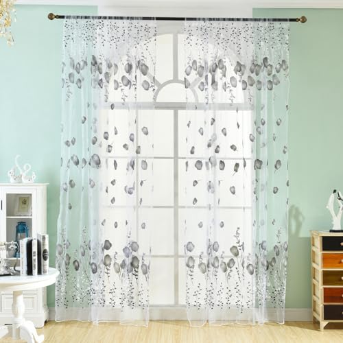 Blumendruckvorhänge Fenster Vorhänge Schiere Voile Vorhänge Tüll gedruckte Vorhänge für Wohnzimmer Schlafzimmer Home Dekoration Schwarz Weiß 100 * 200cm von Pineeseatile