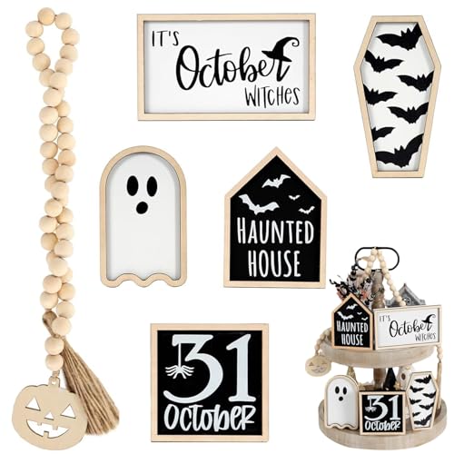 Halloween abgestufte Tablettdekor 6pcs/Set Holz Halloween Tablett Dekor niedliche und gruselige Dekorationen für Innen-, Party, Zuhause, Stufe Dekorationen Set von Pineeseatile