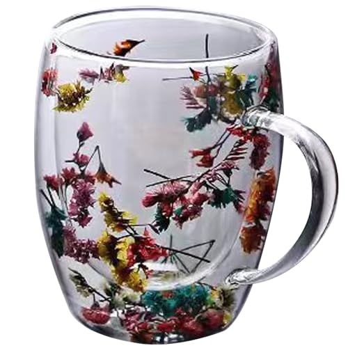 Kaffeetassen, doppelte Glasbecher 350 ml Glas Kaffeetassen klare getrocknete Blumen Tassen mit Anti-Scald-Griff für heiße Getränke, Tee, Milchstil 2 von Pineeseatile