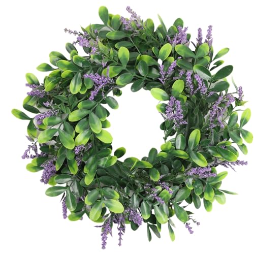 Lavendelkranz für Haustür, künstlicher Blumenkranz 14 '' grüner Eukalyptuskränze mit Lavendel dekorativer Feder für Fenster Veranda, Eukalyptus von Pineeseatile