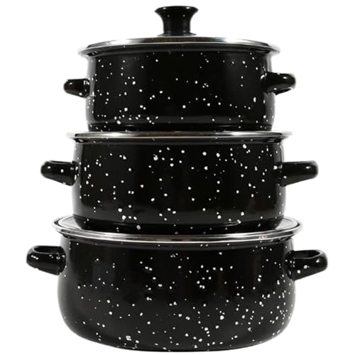 Niederländischer Ofentopf mit Deckel 3pcs/Set Holländischer Ofen -Topf mit Deckel, 3 stapelbare emaillierte Gusseisenpfanne mit Edelstahl -Stahl und zwei Griffe Non -Stick -Emaille Dutch Ofen zum Bro von Pineeseatile