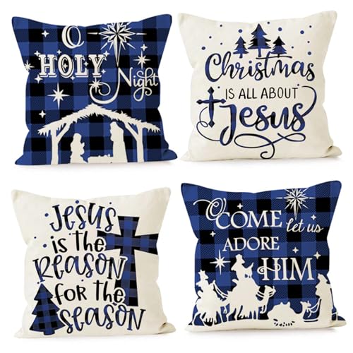 Pineeseatile 4pcs Weihnachtskissenbezüge 18x18 Zoll Buffalo Plaid Kissenbezüge waschbarer Leinen Weihnachtswurf Reißverschluss Urlaub für Home Office Car Decor, Blau von Pineeseatile