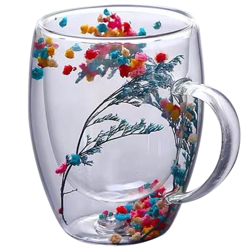 Pineeseatile Kaffeetassen, doppelte Glasbecher 350 ml Glas Kaffeetassen klare getrocknete Blumen Tassen mit Anti-Scald-Griff für heiße Getränke, Tee, Milchstil 1 1 von Pineeseatile