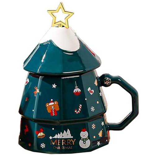 Pineeseatile Weihnachtsbecher 13, 5oz Keramik Kaffeetasse mit Deckel, Weihnachtsbaumform festliche Kaffeetassen mit Sterntop Rührstock für Urlaubsgift und Dekor Grün von Pineeseatile