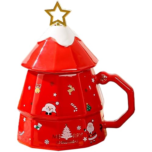 Pineeseatile Weihnachtsbecher 13, 5oz Keramik Kaffeetasse mit Deckel, Weihnachtsbaumform festliche Kaffeetassen mit Sterntop Rührstock für Urlaubsgiftung und Dekor rot von Pineeseatile