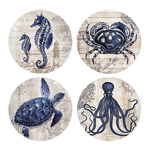 Saugfähige Untersetzer aus natürlicher Keramik, durstiger Stein, Marineblau, Oktopus, Seepferdchen, Krabbe, Schildkröte, Ozean, Themen-Untersetzer-Set für Getränke, Korkrückseite (Meerestiere) von Pinetree Art