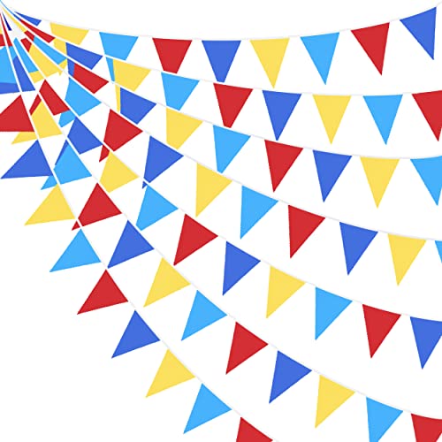 32Fuß Rot Blau Gelb Partydekorationen Karneval Zirkus Clown Dreieck Flagge Wimpel Bunting Banner Stoffgirlande für Kindergeburtstag Babyparty Hochzeit Outdoor Garten Festivals Hängedekorationen von Pink Blume